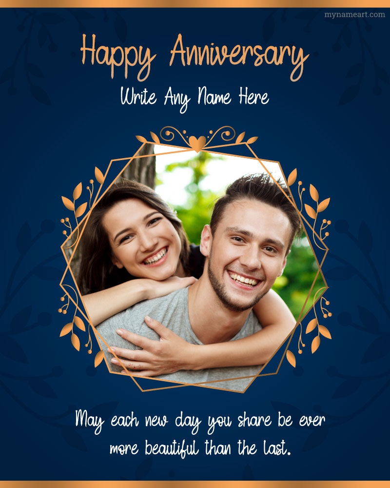 Golden Leaves Wreath And Hexagon Frame Anniversary Card