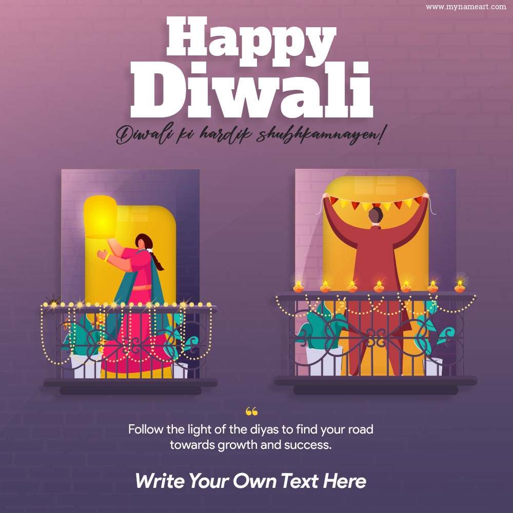 Couple Decorating Home With Diya, Festoon, Lantern Happy Diwali Card