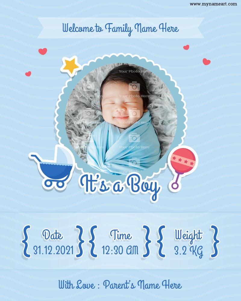 It's A Boy - Birth Announcement With Date, Time & Weight