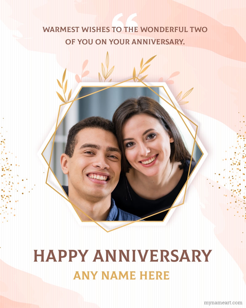 Gold Hexagon Frame On Pink Watercolor Background Anniversary Card