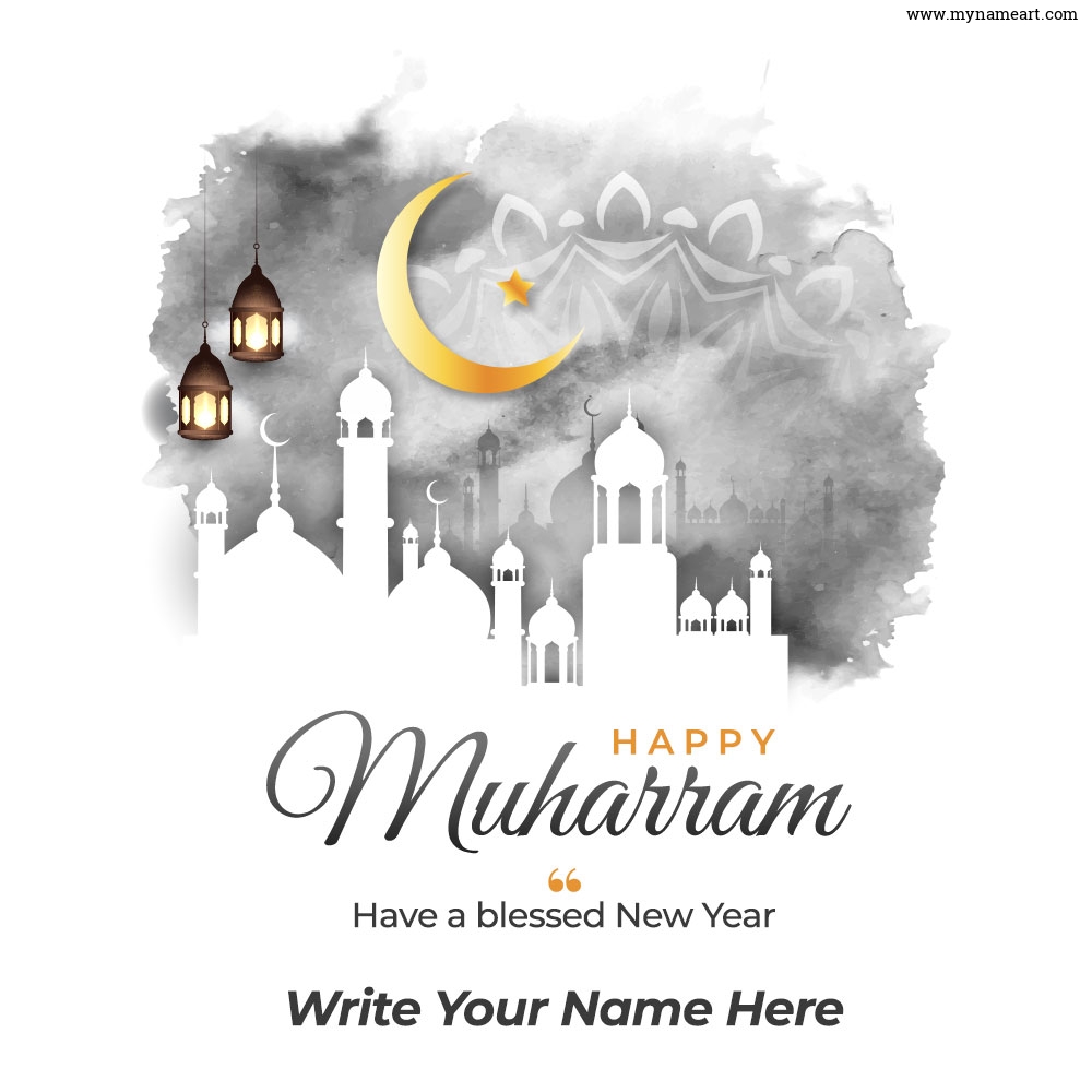 Mosque, Eid Moon & Star Water Color Background Happy Muharram Card
