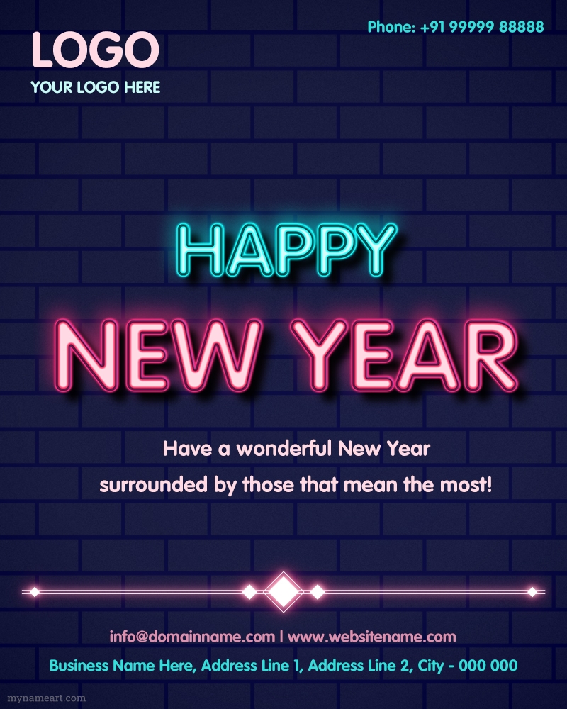 Neon Style Happy New Year Greeting Card With Logo