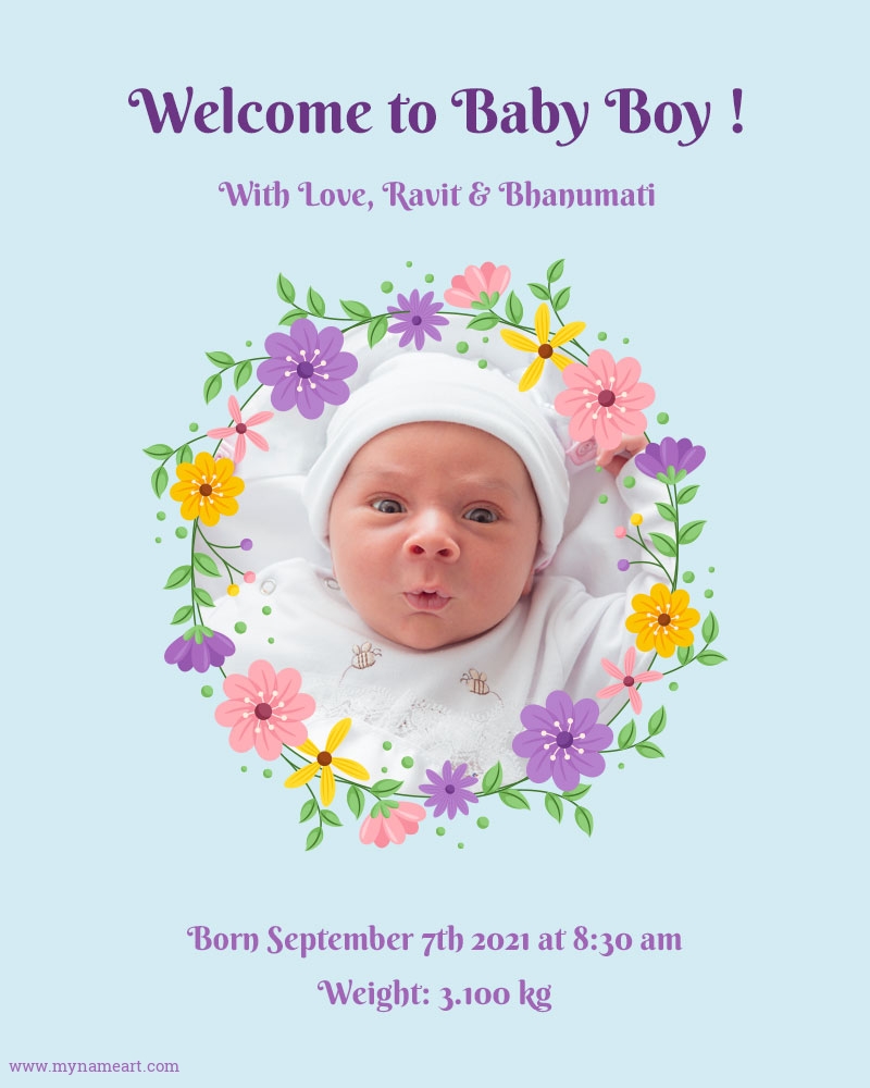 Purple Flower Boy Birth Announcement Cards