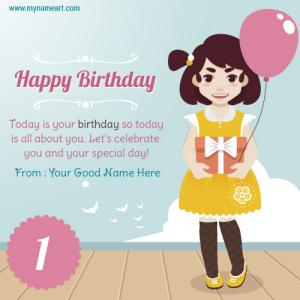 Edit Girl With Balloon And Gift Birthday Card With Kids Name
